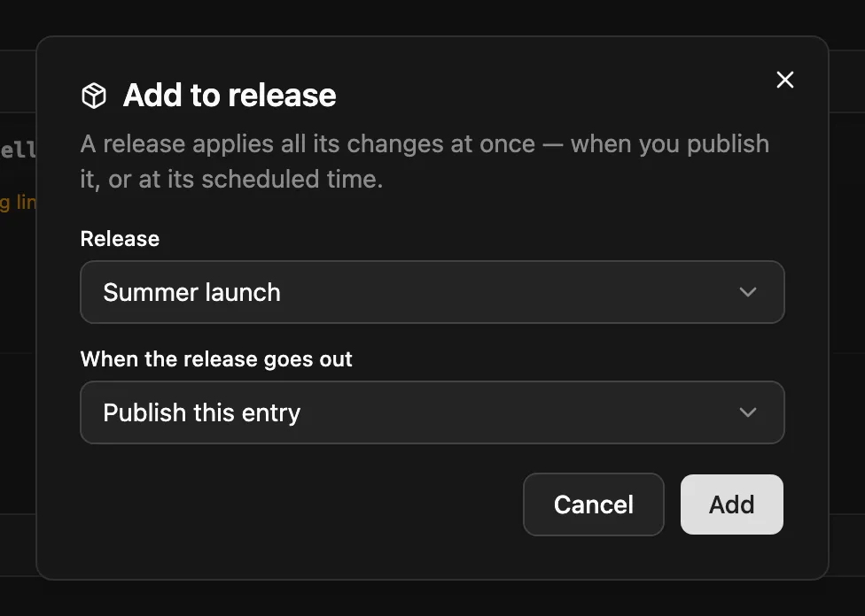 The Add to release dialog with the release picker and the action to apply