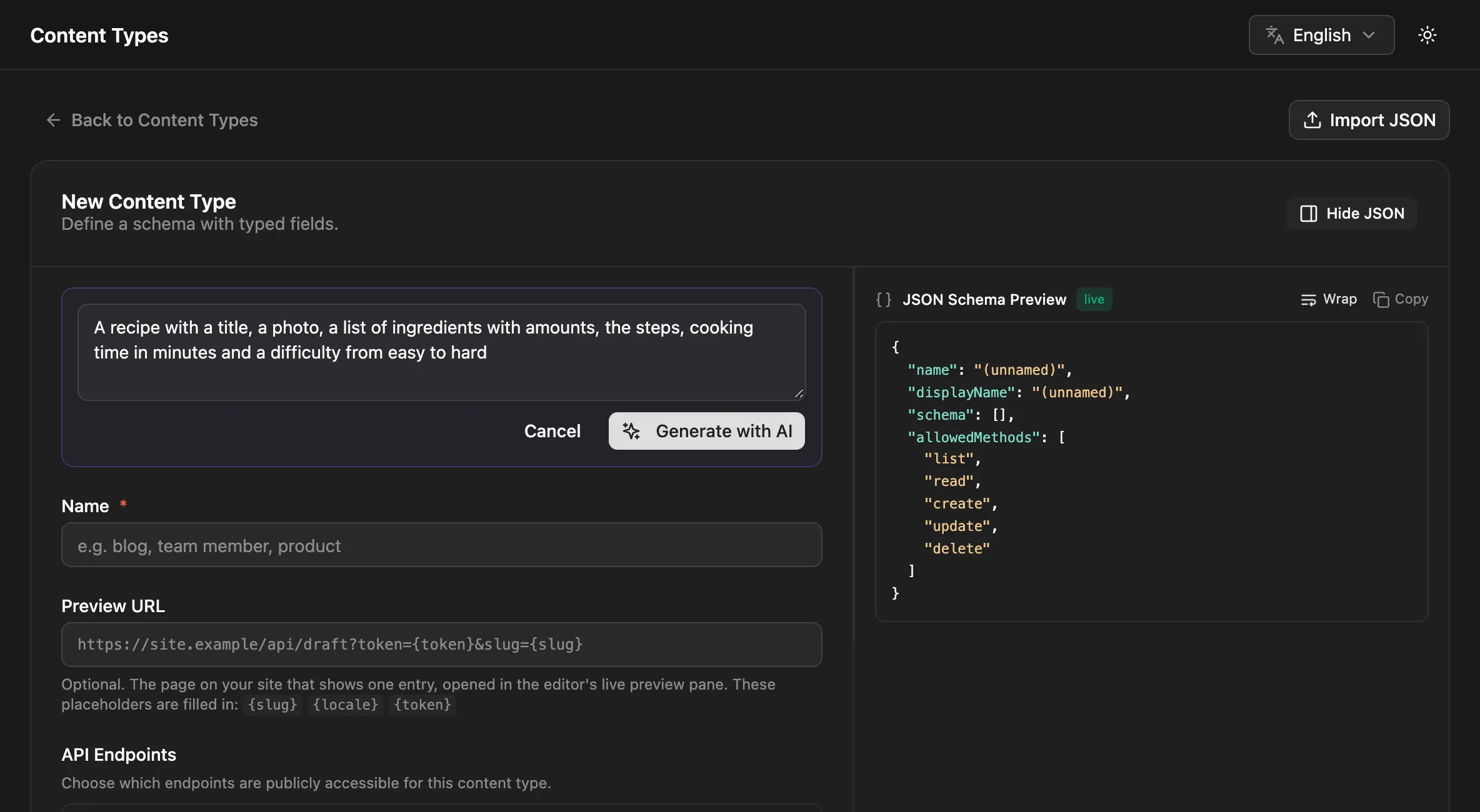 The Generate with AI box on the New Content Type page with a description typed in