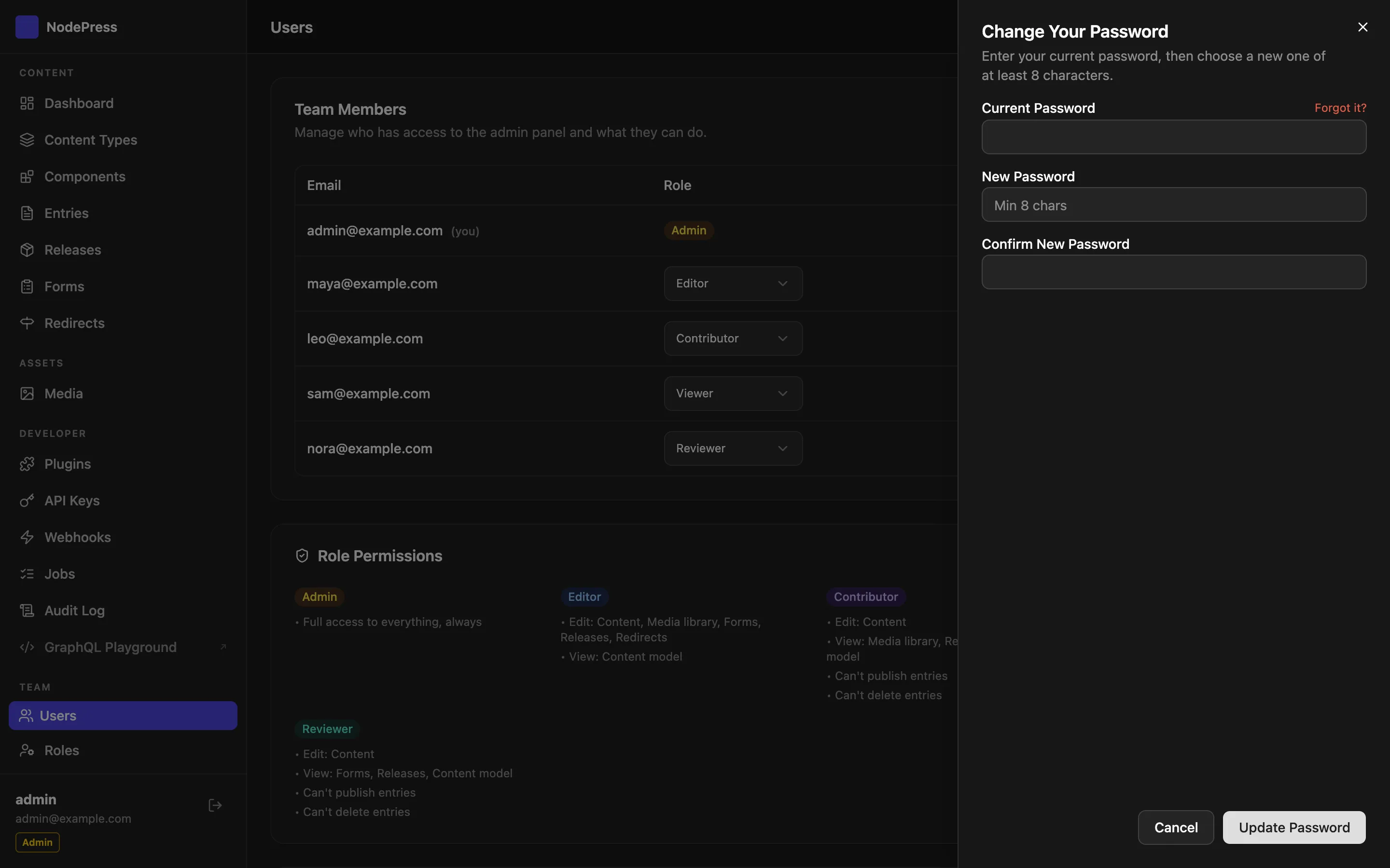 The Change password panel with current, new and confirm fields and the Forgot it? link