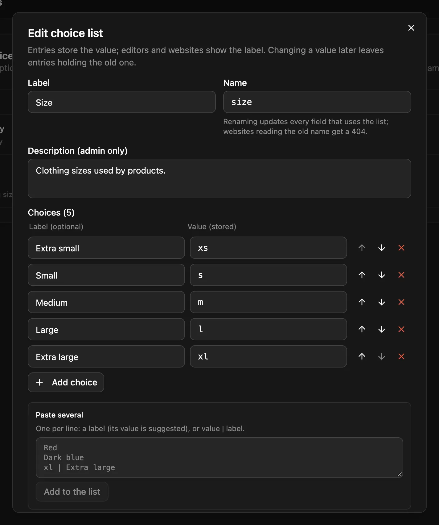The Edit choice list dialog with labels, stored values and the Paste several box