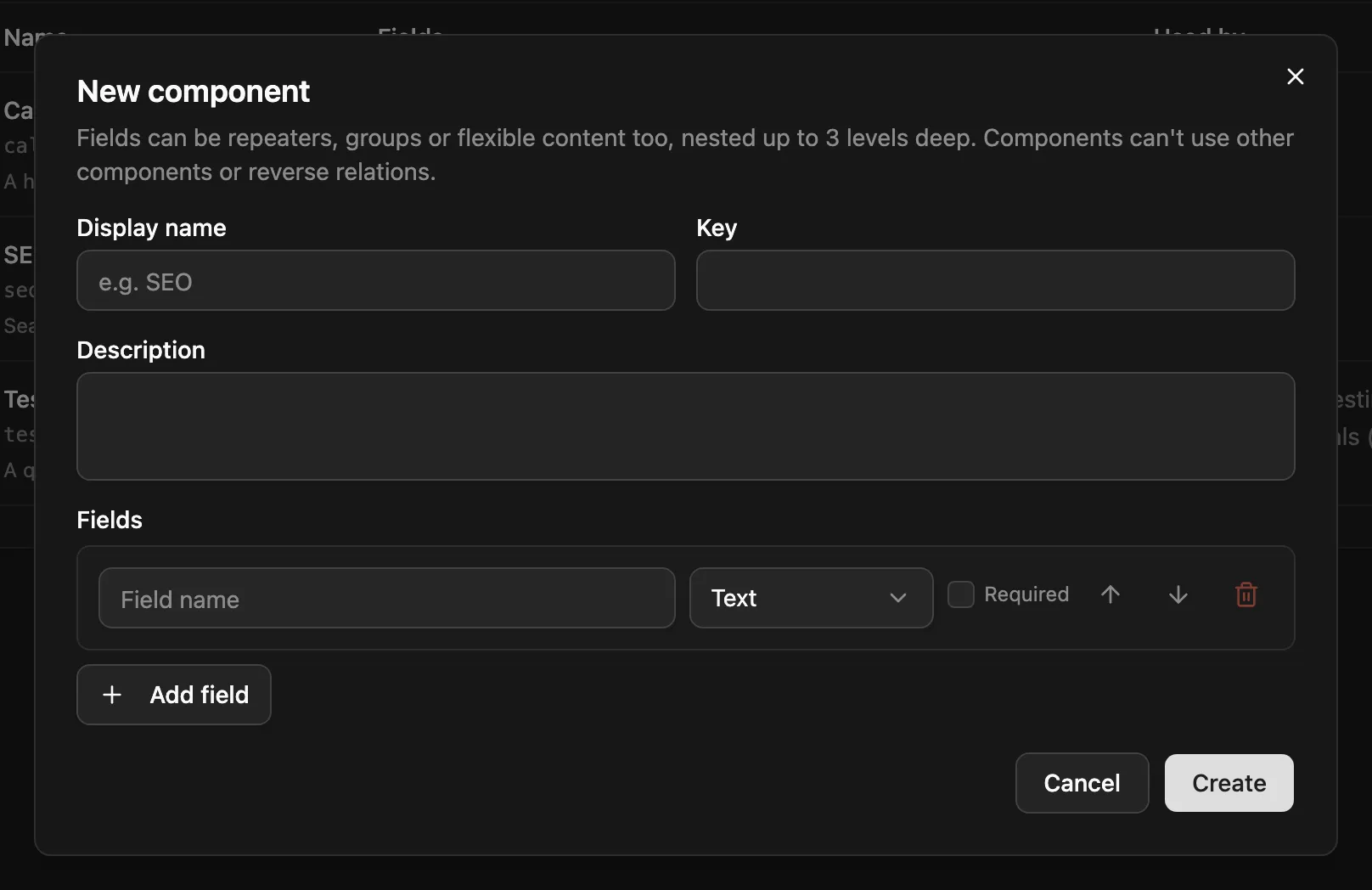The New component dialog with display name, key, description and fields
