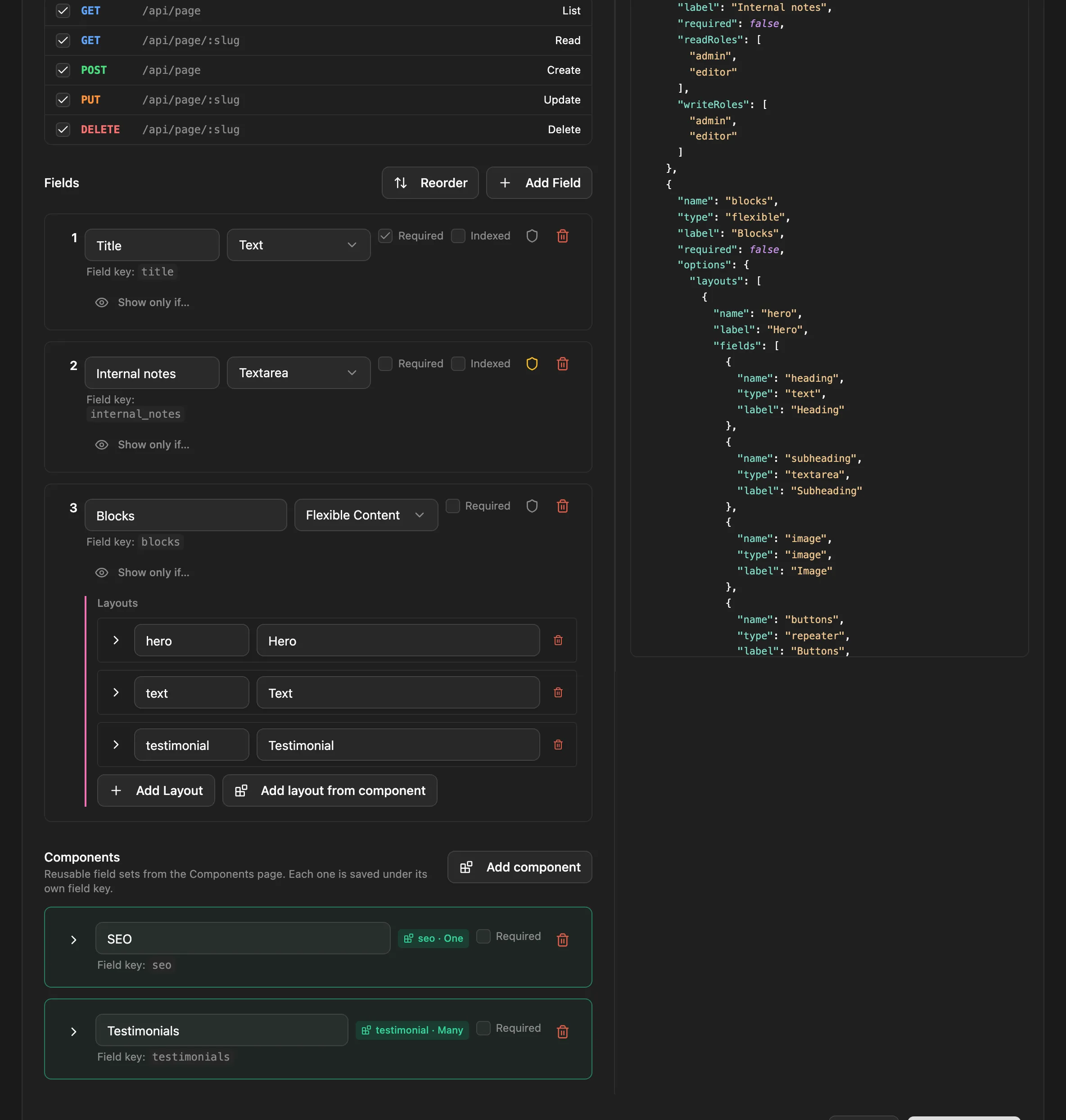 The content type editor with a flexible field’s layouts and the Components section with SEO and Testimonials