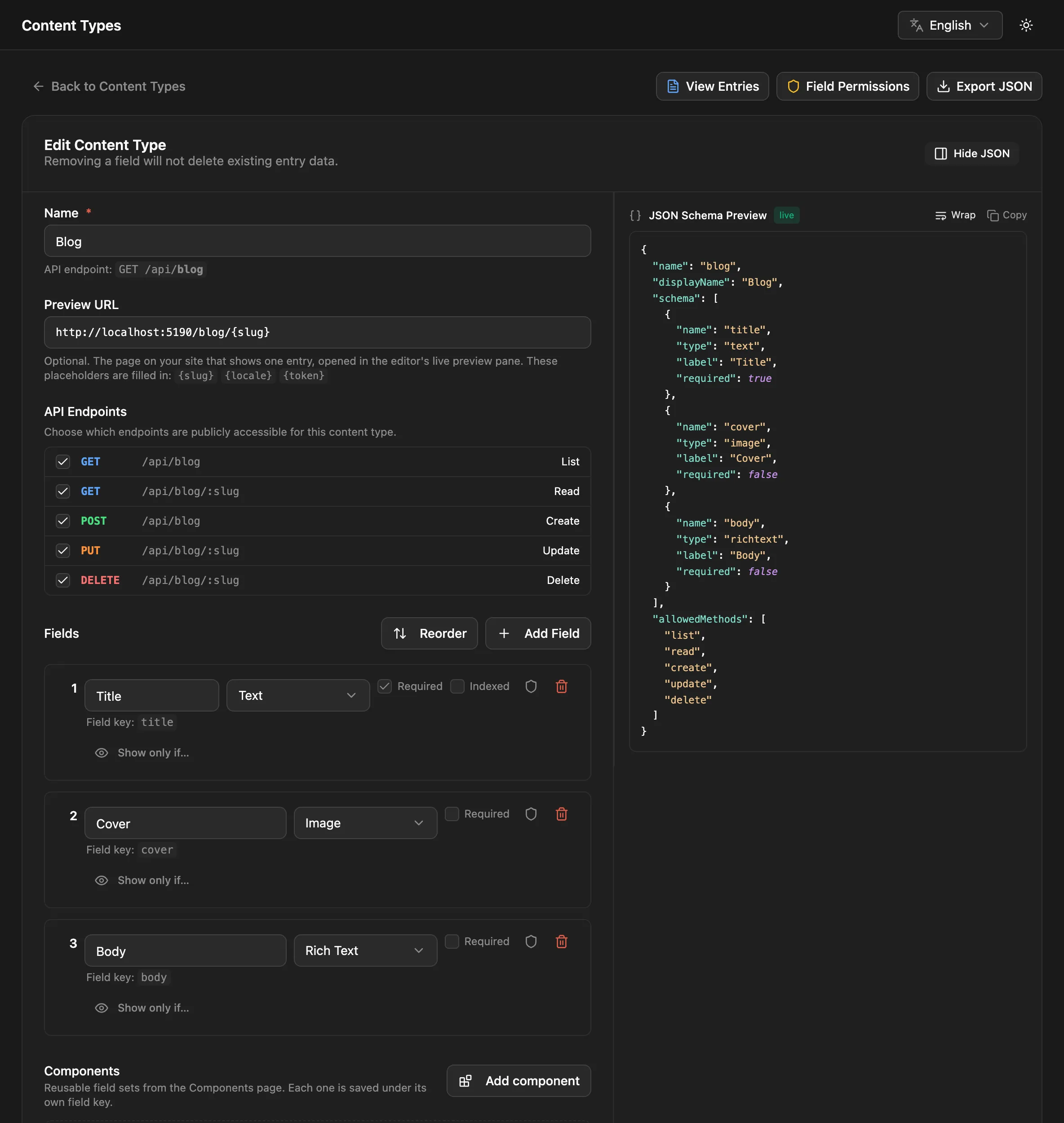 The content type editor for Blog with the Title, Cover and Body fields and the JSON schema preview