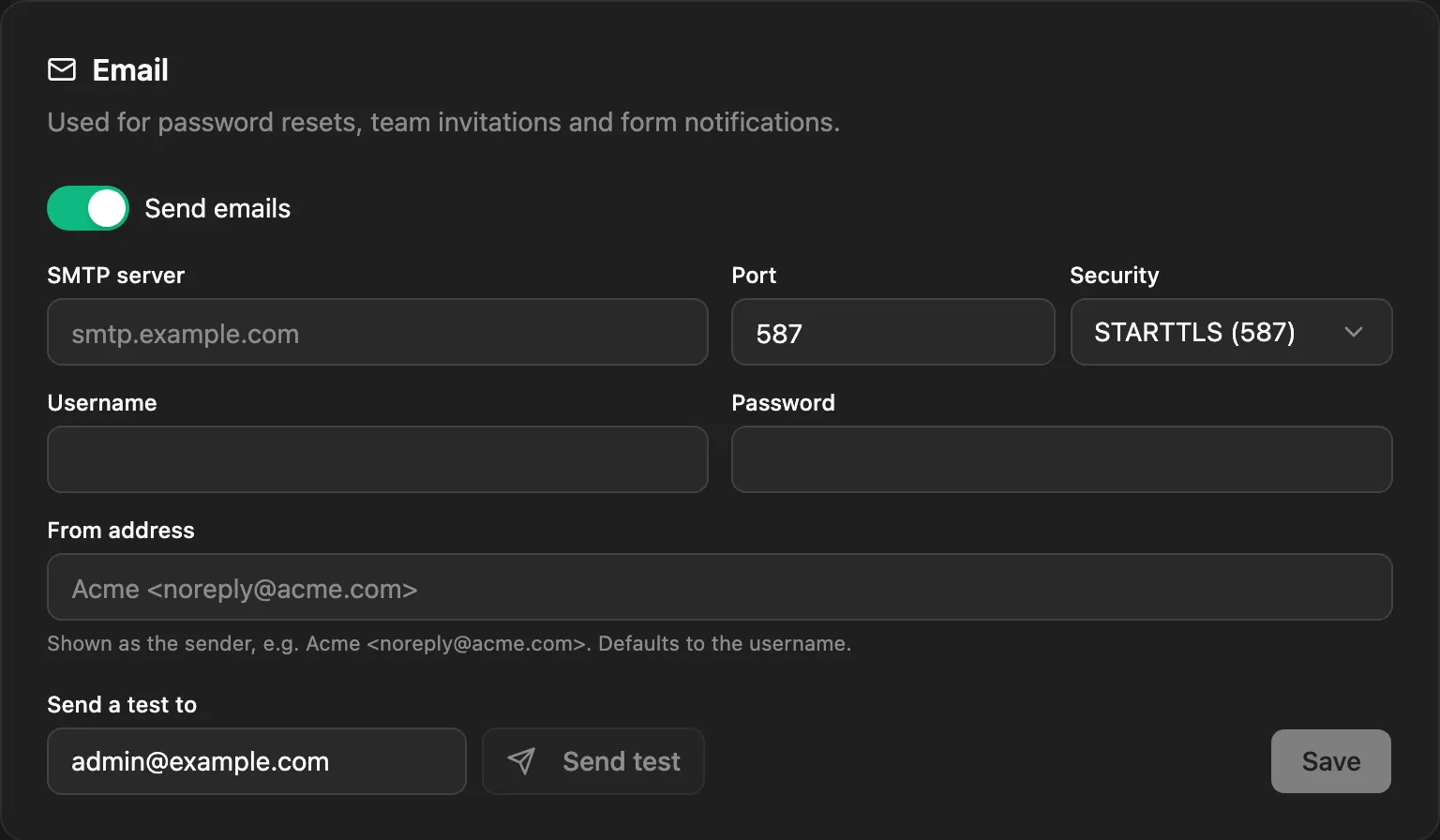 The Email card with SMTP server, port, security, login, from address and Send test