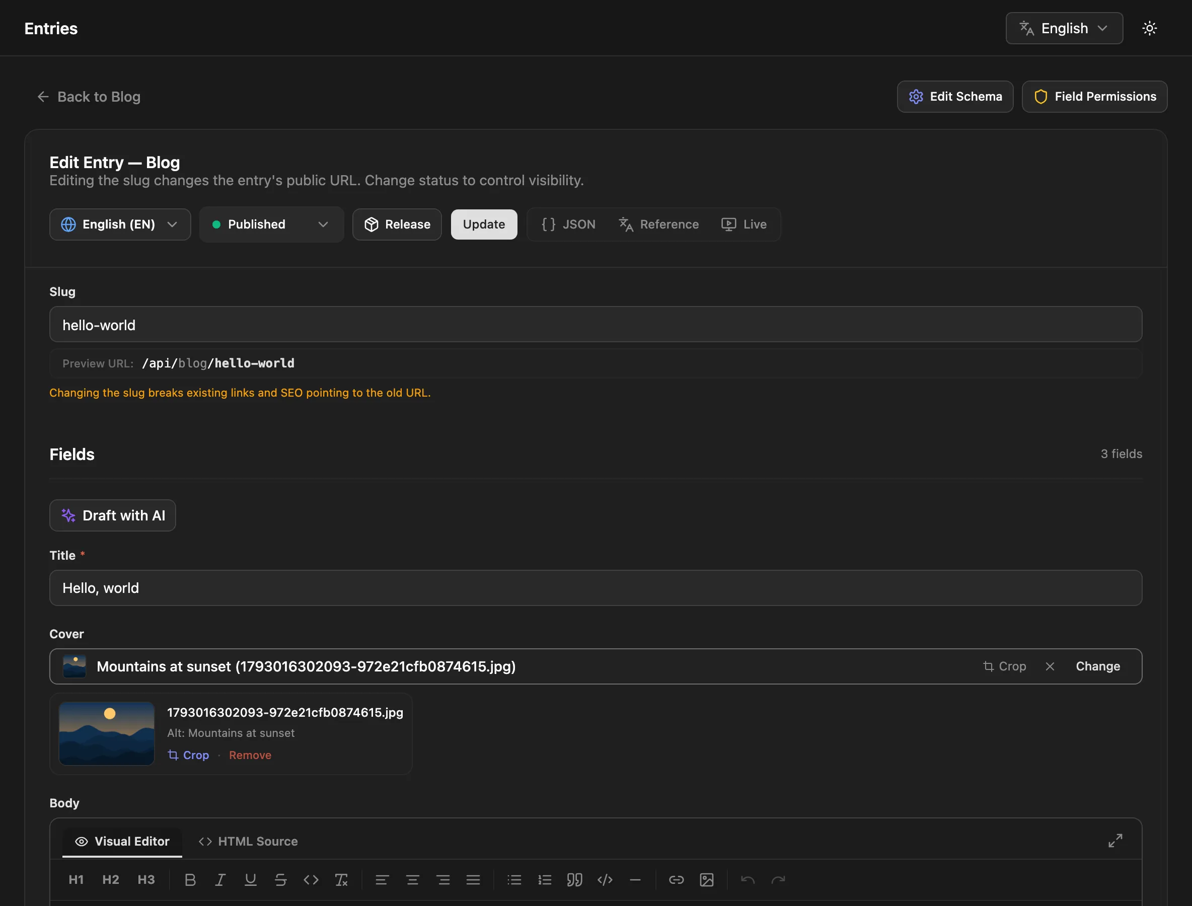 The entry editor for a blog post with the slug, title, cover image and rich text body