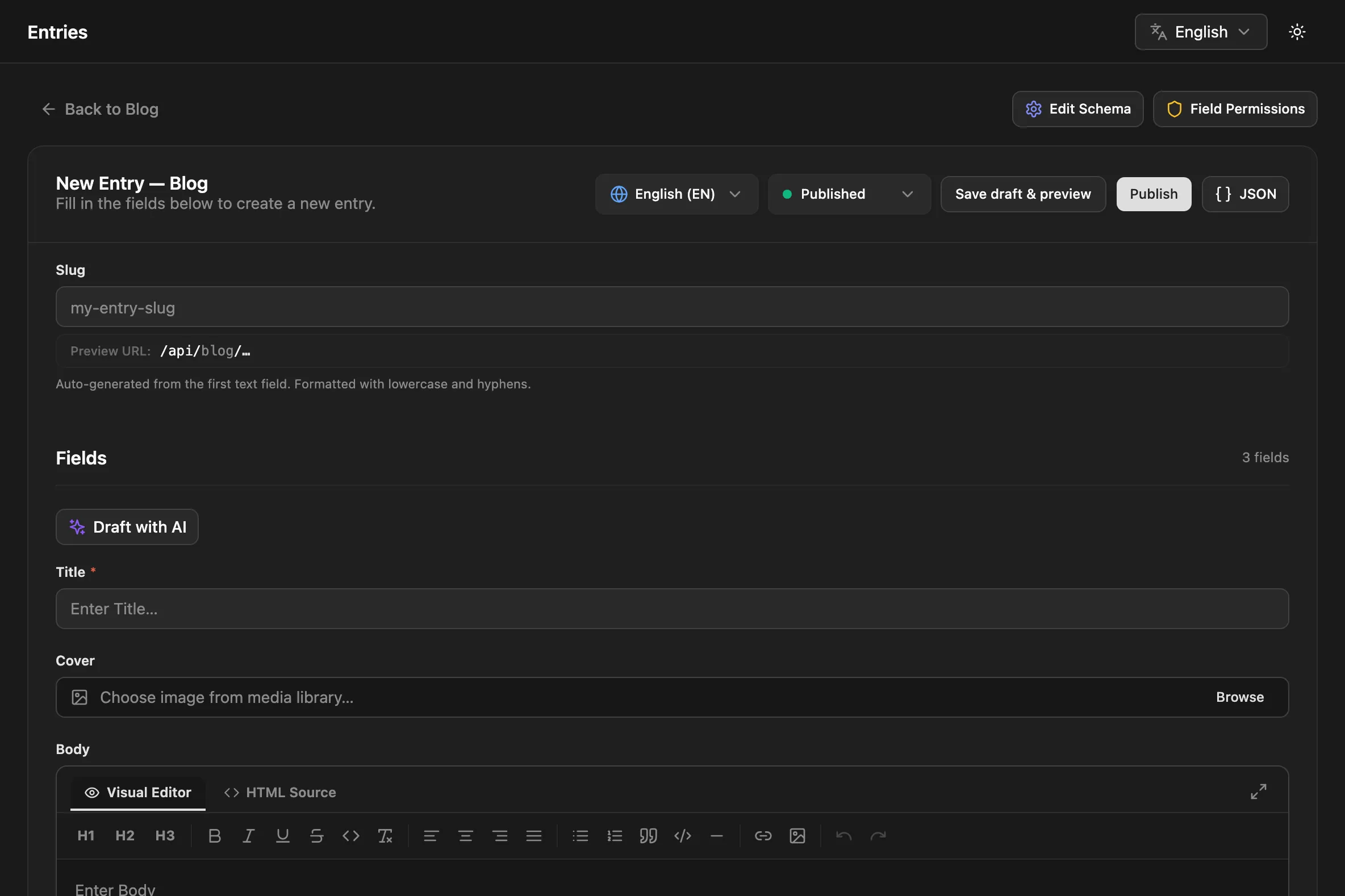 The New Entry form with the language and status selectors, the slug field and the content type fields