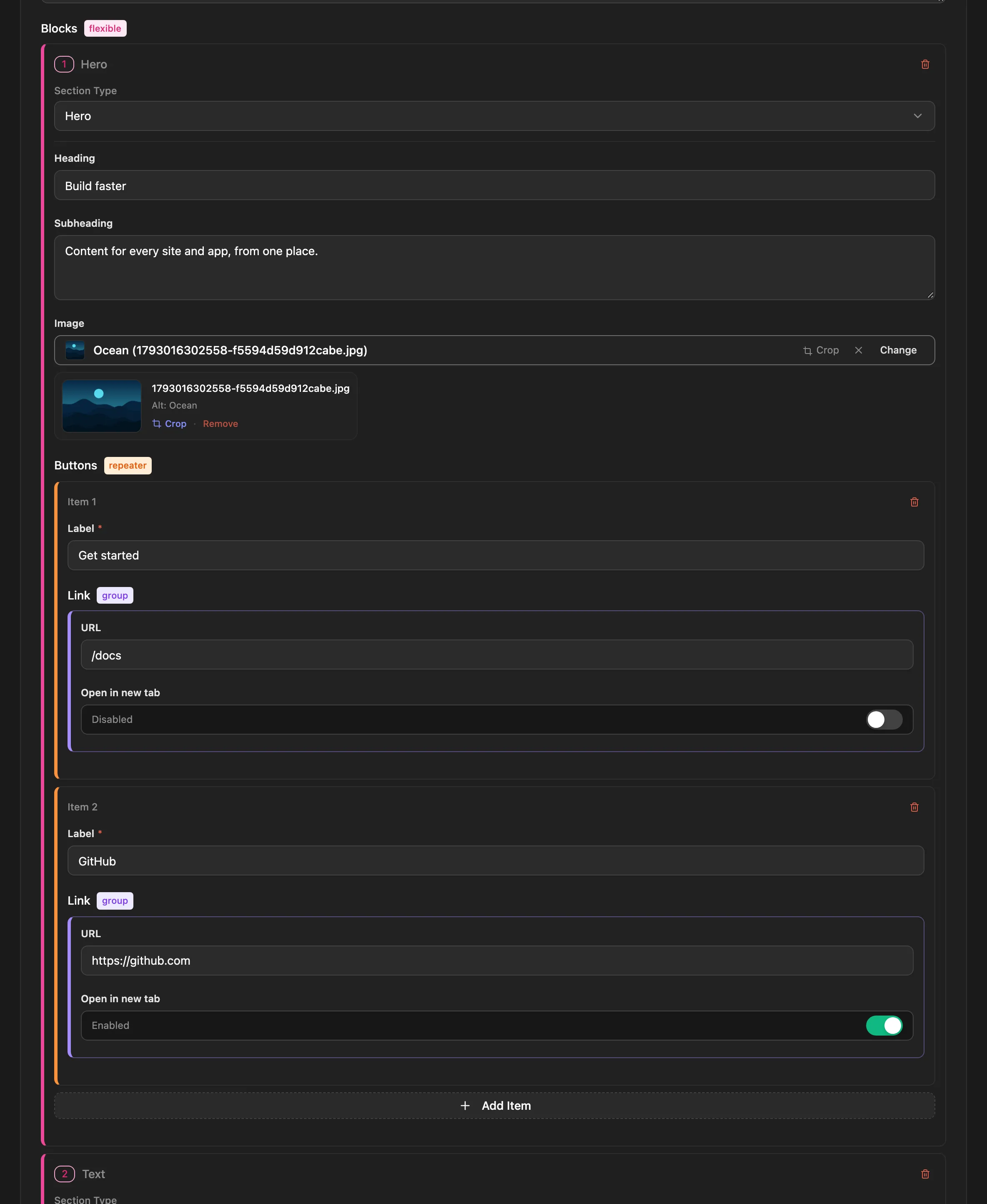 A flexible Blocks field in the entry editor: a Hero block with a Buttons repeater whose items hold a Link group