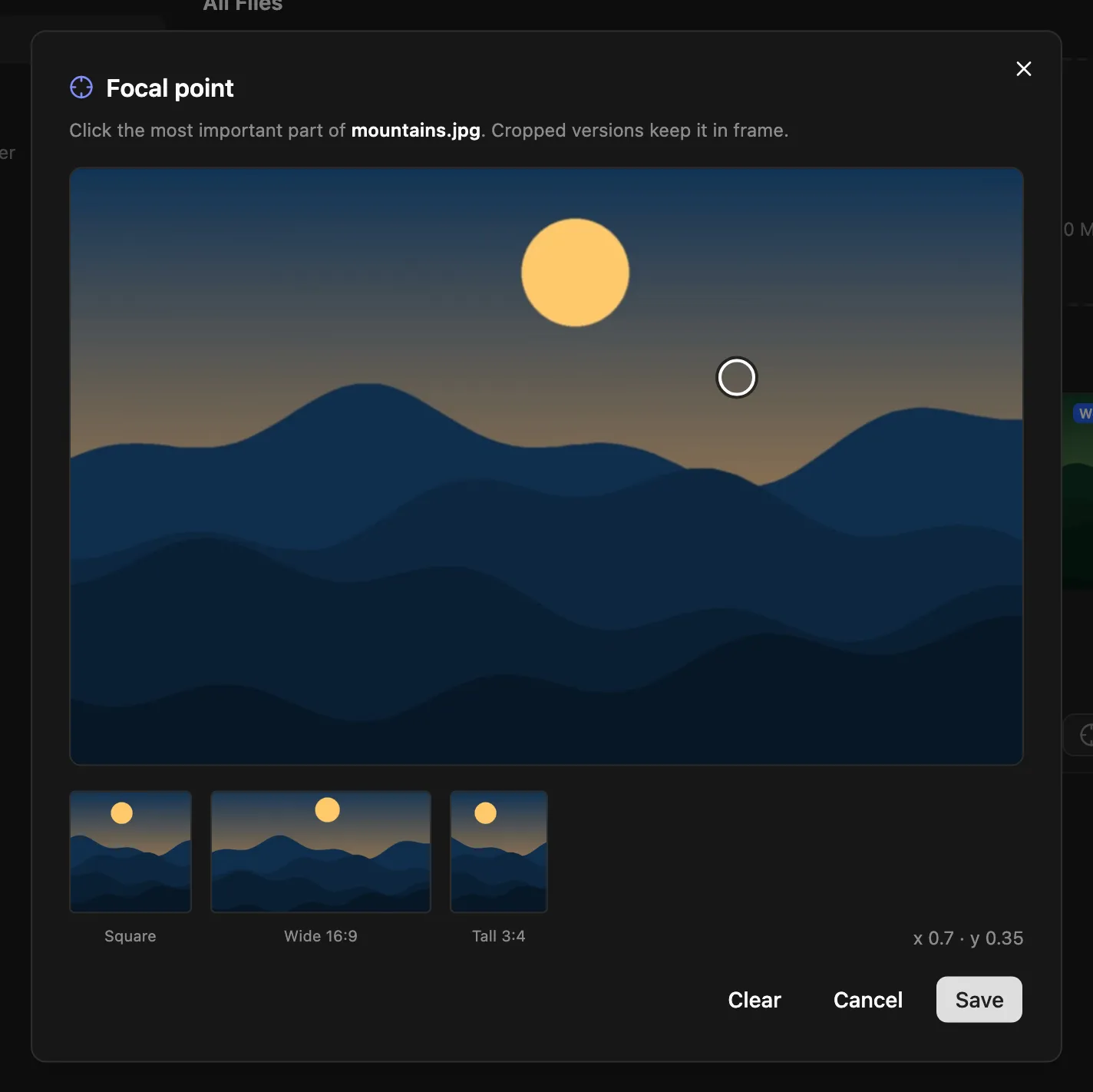 The Focal point dialog with the chosen point and the square, wide and tall crop previews