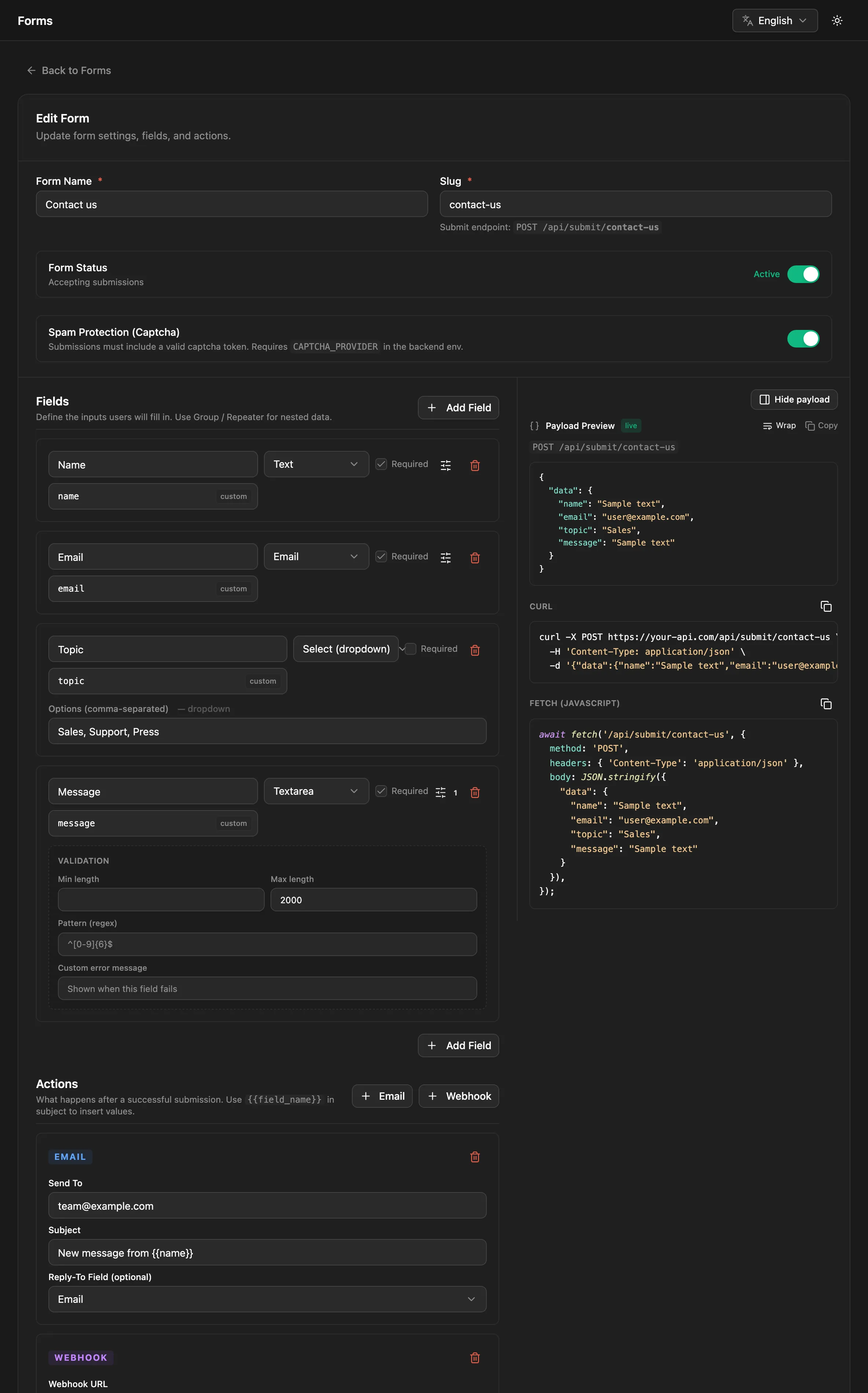 The form builder with the captcha switch, fields with validation, the payload preview and actions