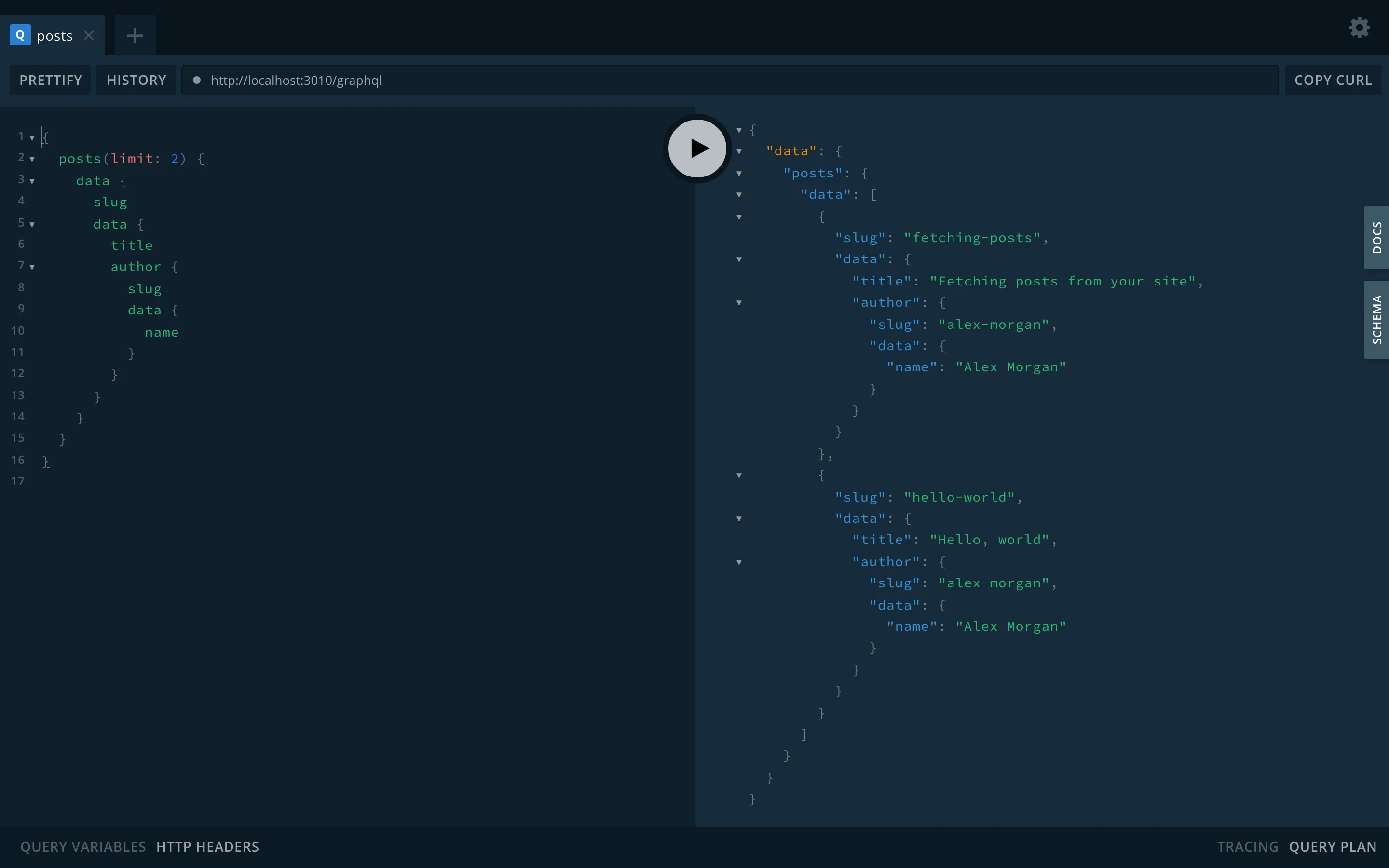 GraphQL Playground running a posts query that follows the author relation