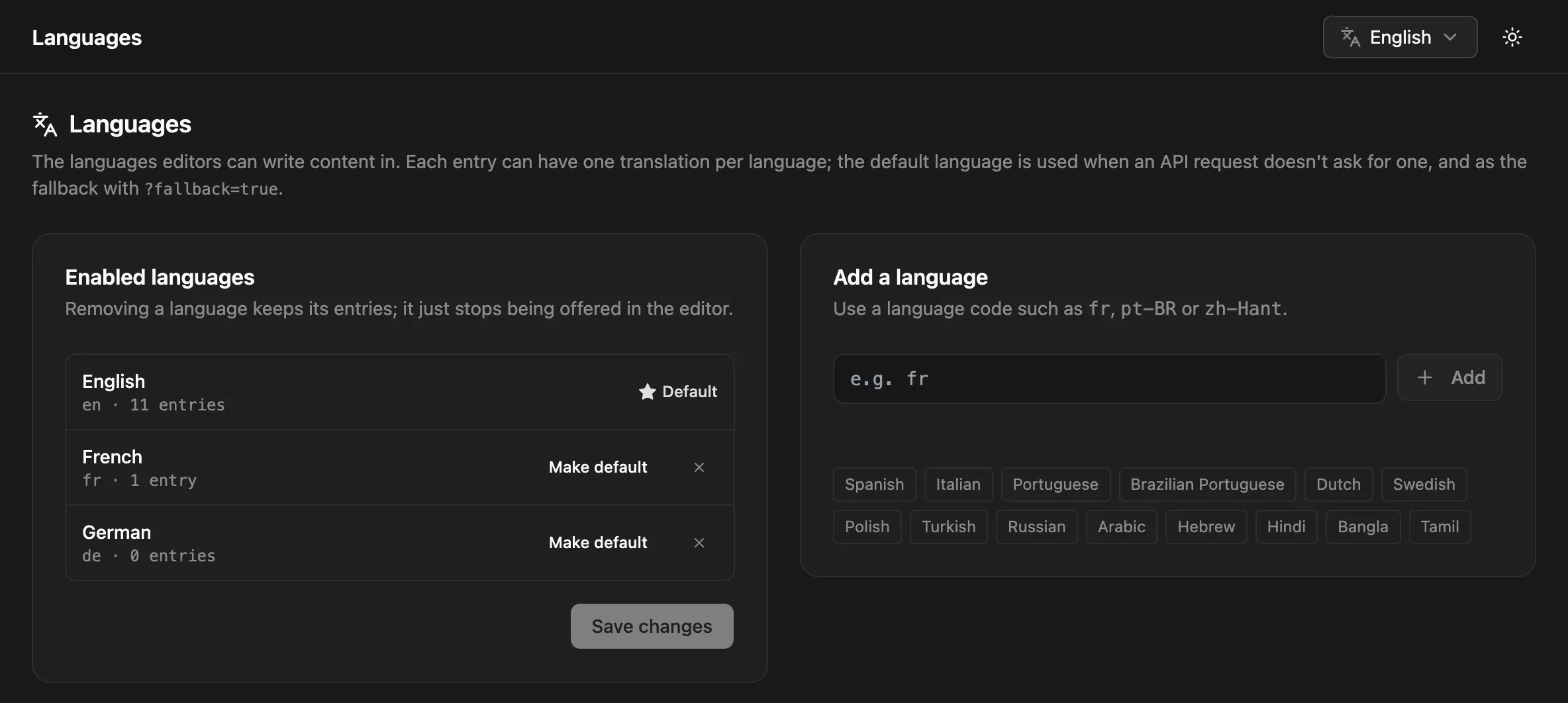 The Languages page with English, French and German enabled and the Add a language field