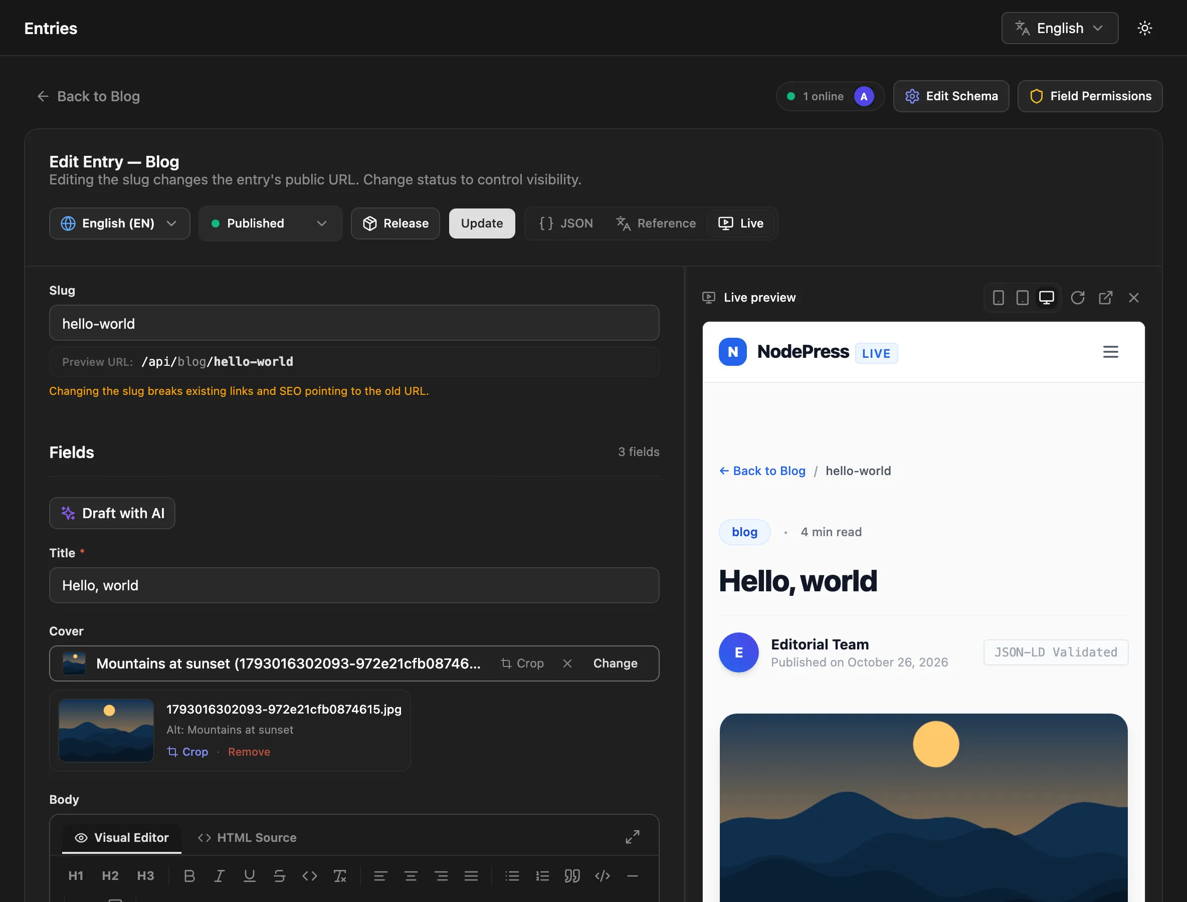 The entry editor with the Live preview pane showing the page on the right