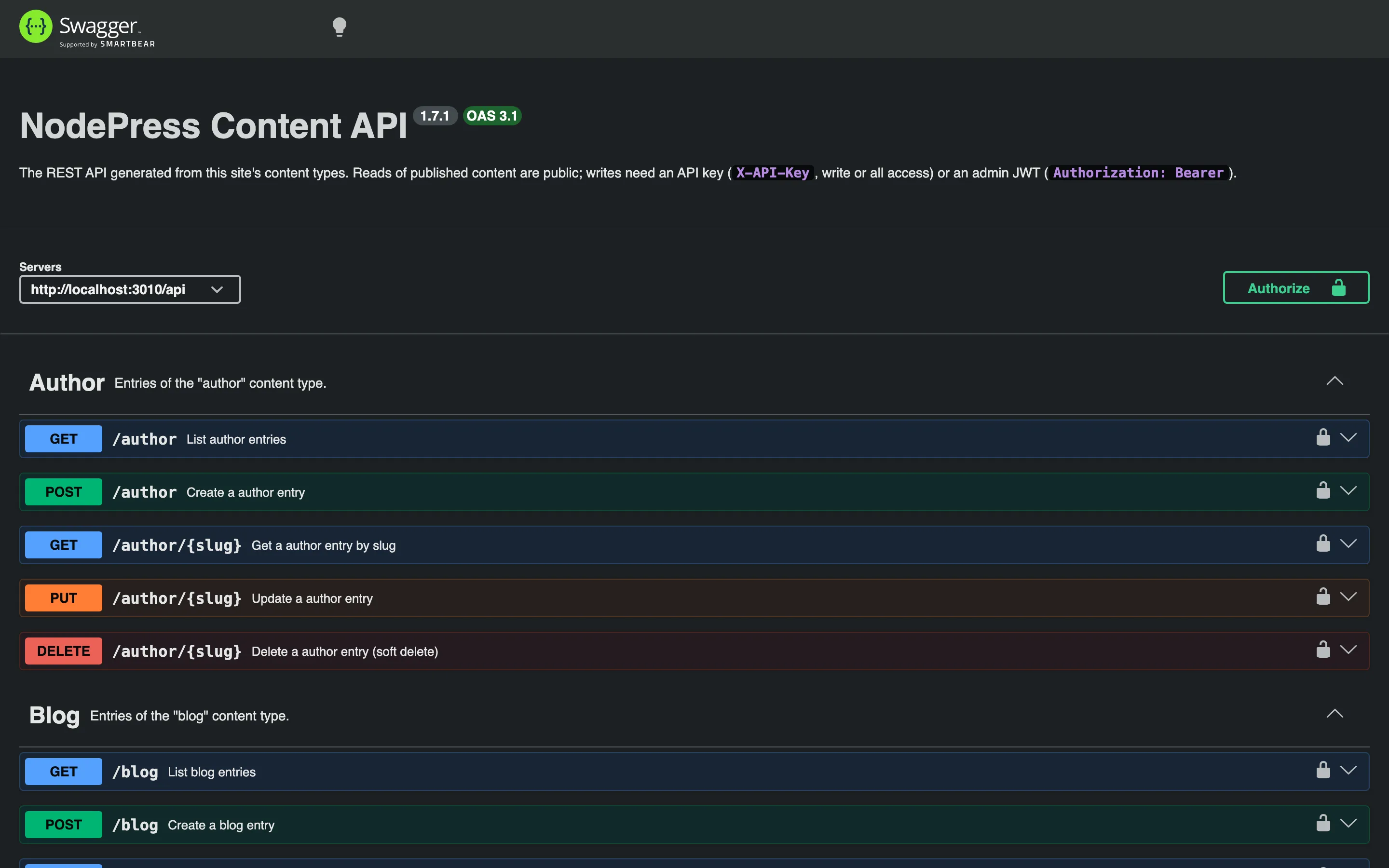 Swagger UI at /api/docs/content listing the endpoints of each content type
