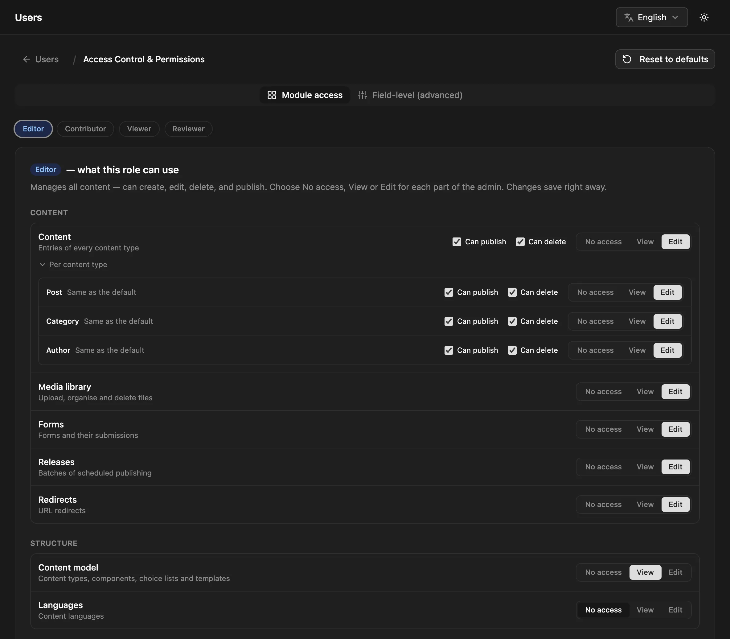 Module access for the Editor role: Content with Can publish and Can delete and the per-content-type list, then Media library, Forms, Releases, Redirects, Content model and Languages