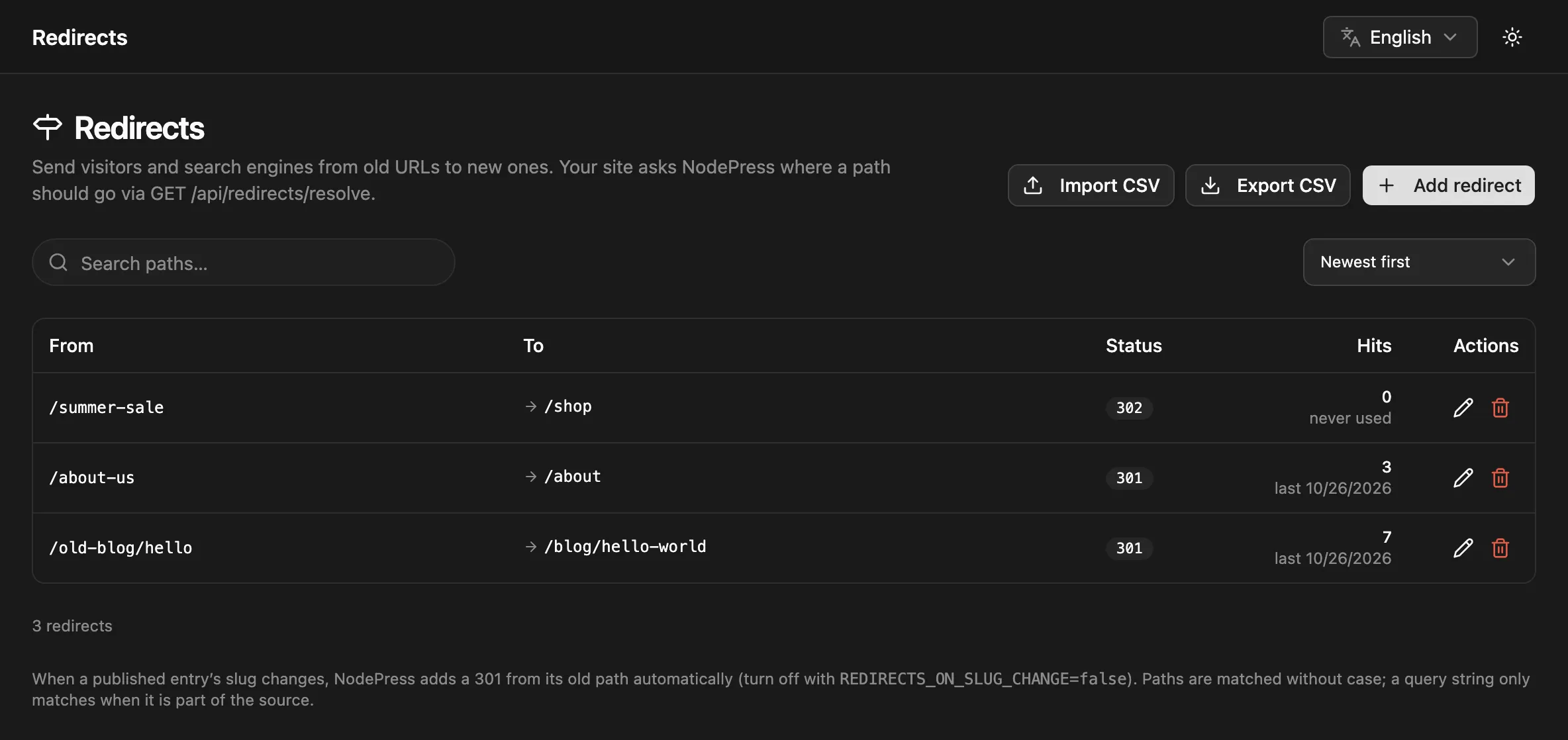 The Redirects page listing From and To paths, status codes and hit counts