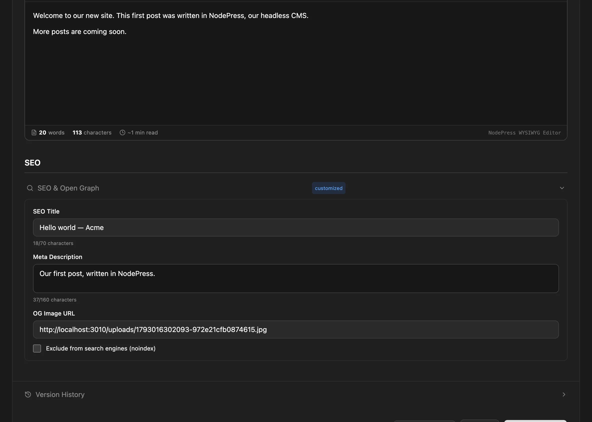 The SEO & Open Graph section of the entry editor with title, description, image and noindex
