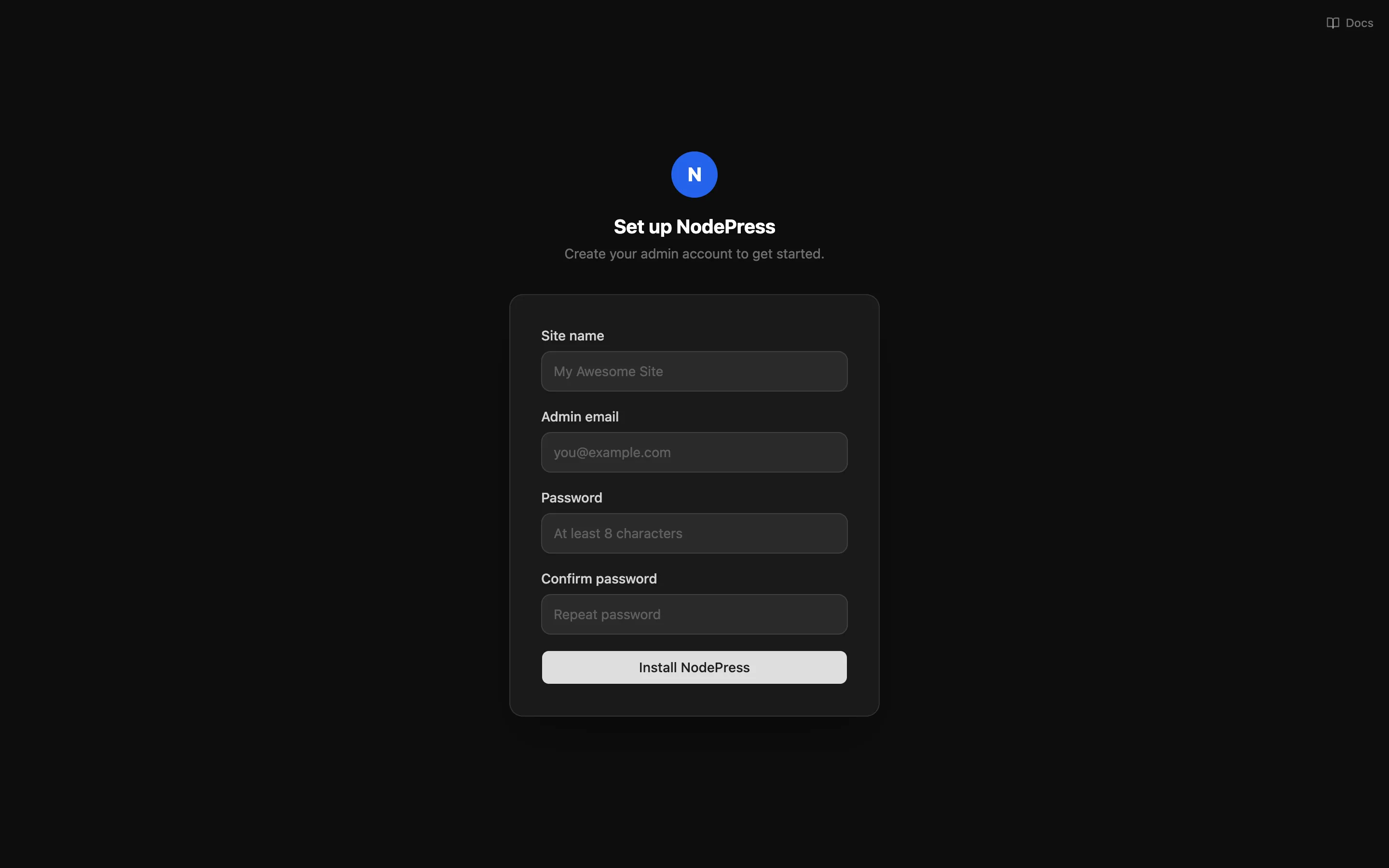 The setup page with site name, admin email and password