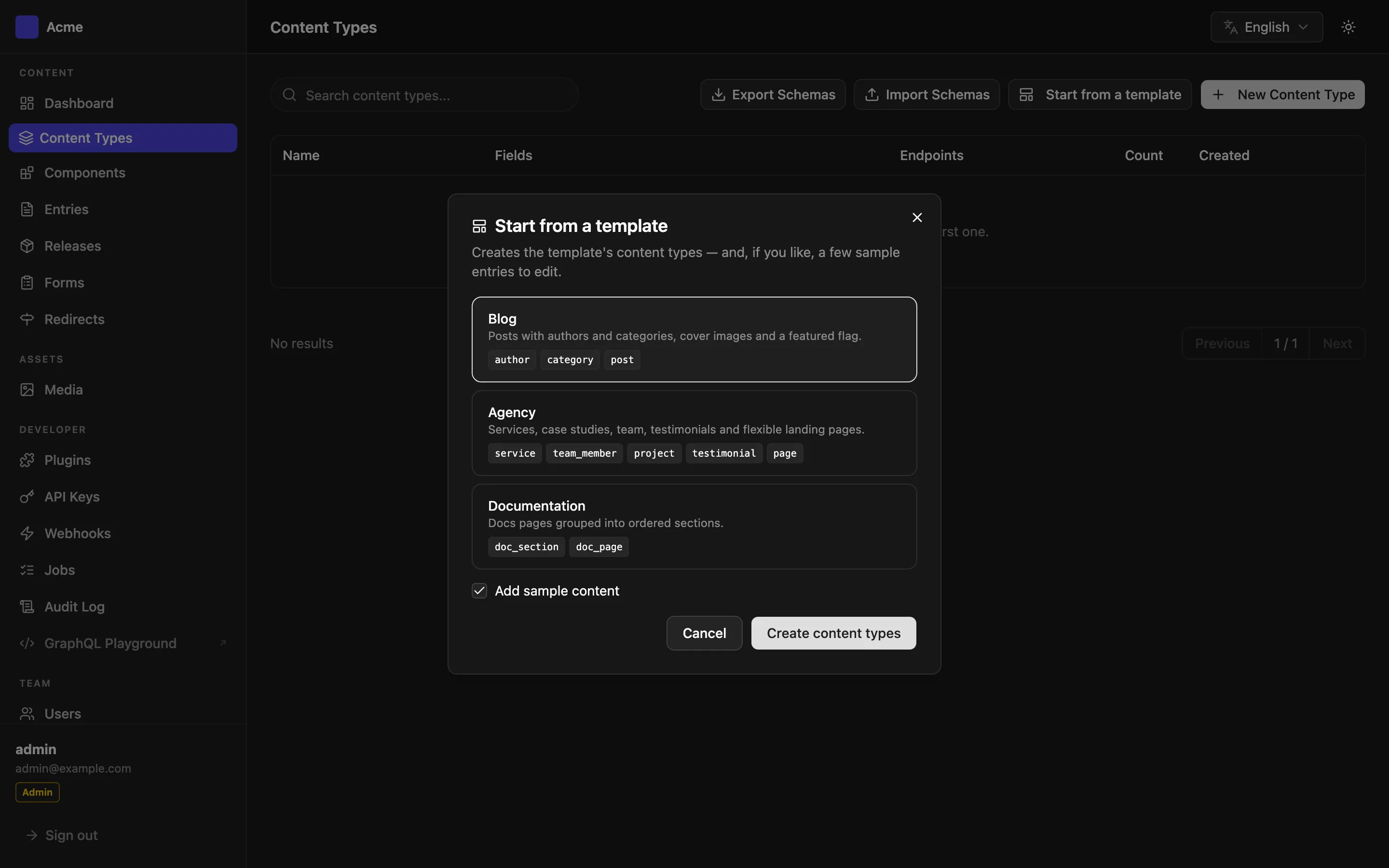 The Start from a template dialog with the Blog, Agency and Docs templates and the sample content switch