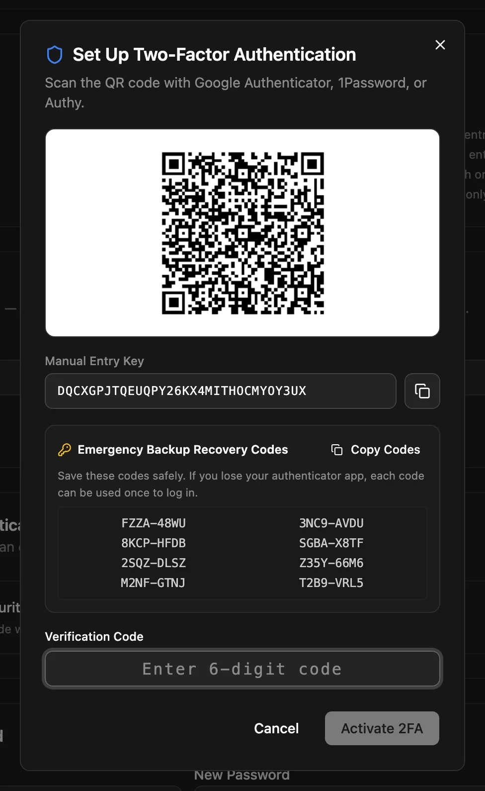 The Set Up Two-Factor Authentication dialog with the QR code, manual key and recovery codes