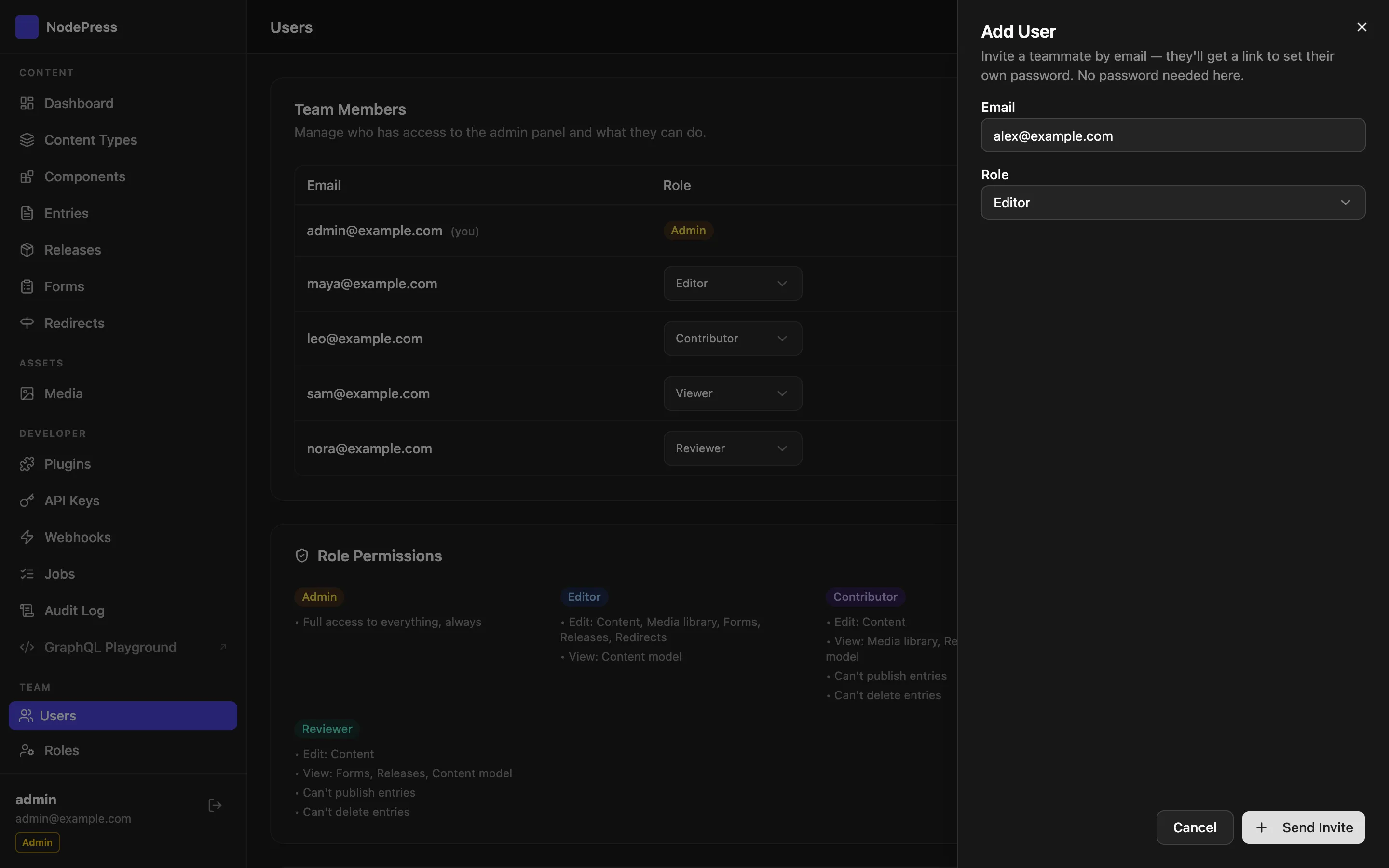 The Add user panel with Email and Role fields and Send Invite