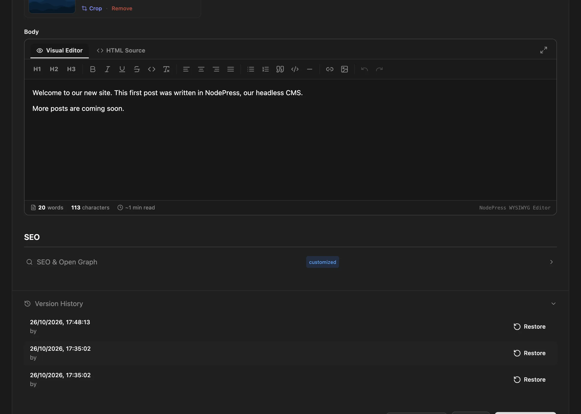 The Version History panel at the bottom of the entry editor, with a Restore button per version