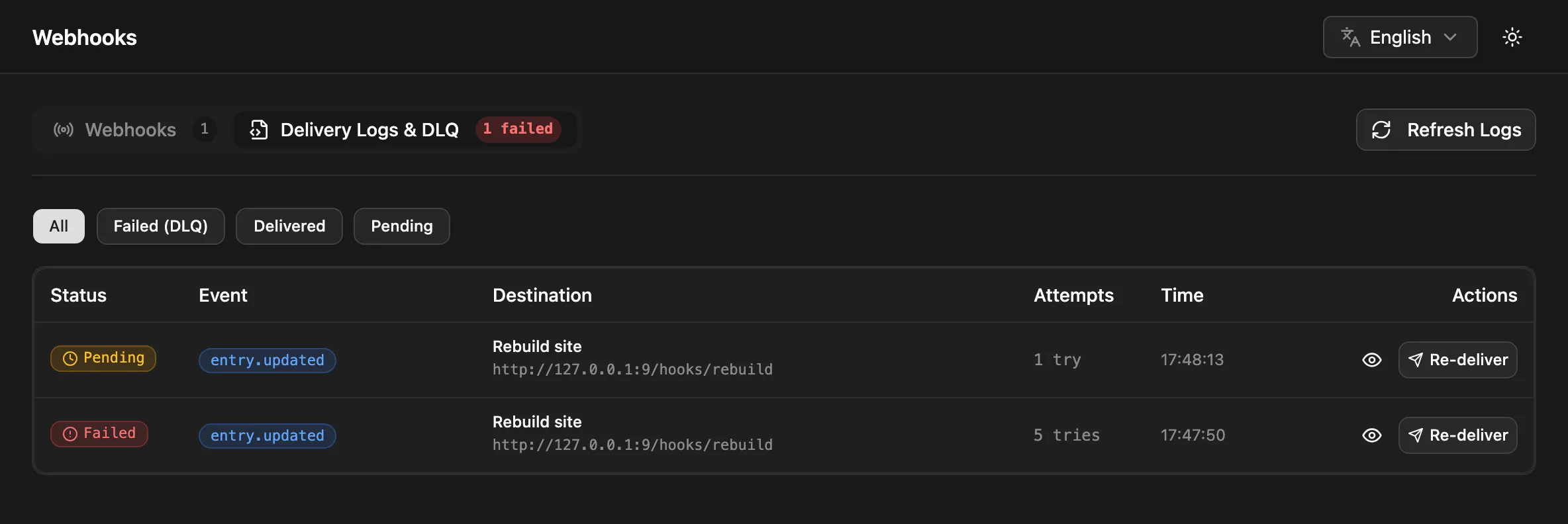 The Delivery Logs & DLQ tab with one pending and one failed delivery and their Re-deliver buttons
