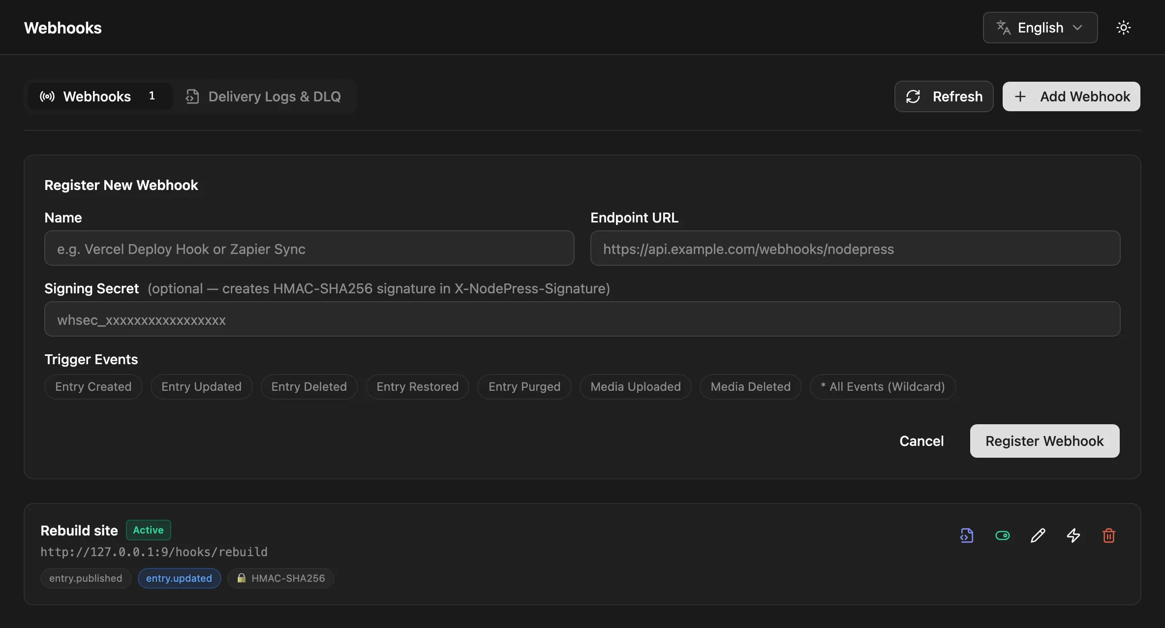 The Register New Webhook form with name, endpoint URL, signing secret and trigger events