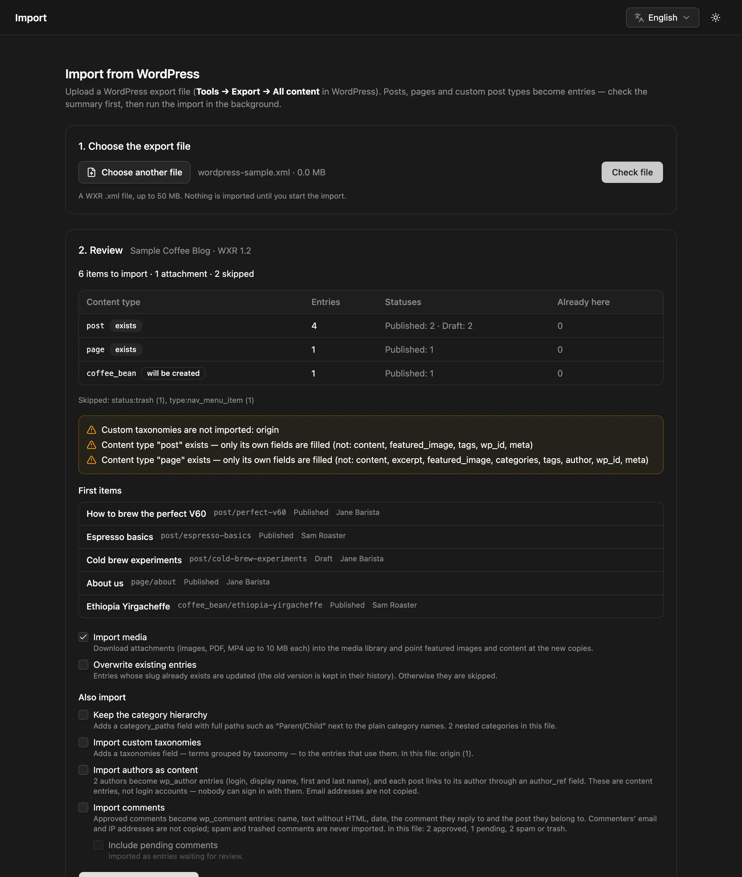 The WordPress import review: entries per content type, warnings, the first items and the import options